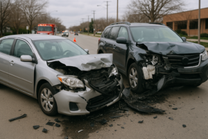 Two vehicles that have been involved in a crash